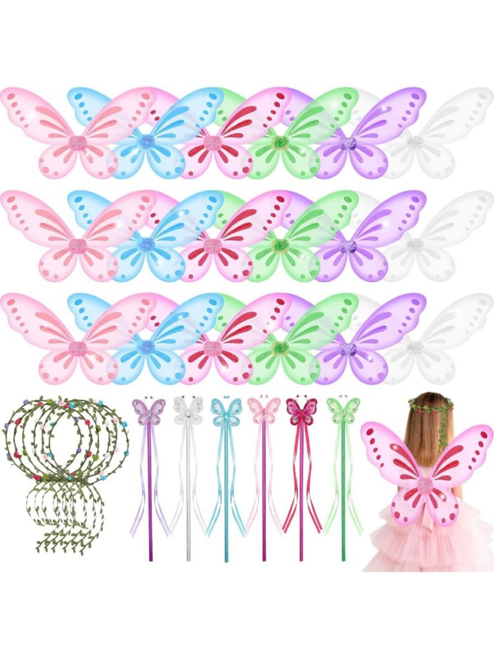 Fairy Butterfly Wings Set with Wand & Headband - 12 Sets for Kids' Dress-Up